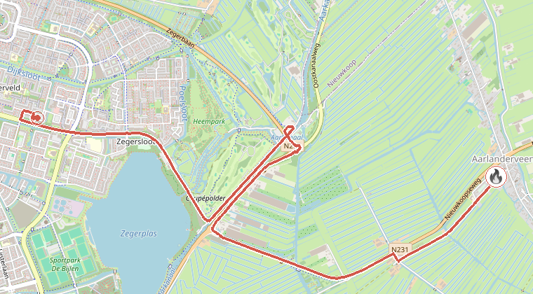 Kaart van de omgeving van de melding, met de kazerne die is gealarmeerd