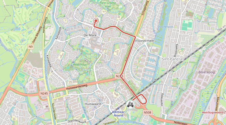 Kaart van de omgeving van de melding, met de kazerne die is gealarmeerd