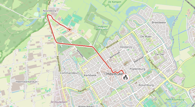 Kaart van de omgeving van de melding, met de kazerne die is gealarmeerd