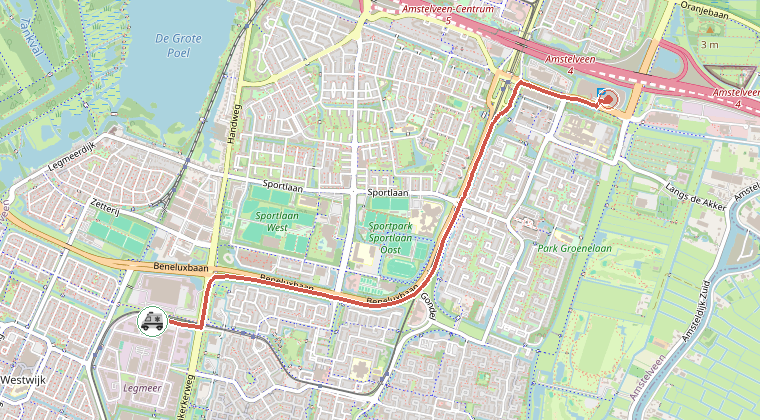 Kaart van de omgeving van de melding, met de kazerne die is gealarmeerd
