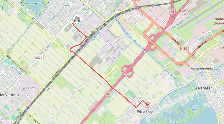 Kaart van de omgeving van de melding, met de kazerne die is gealarmeerd