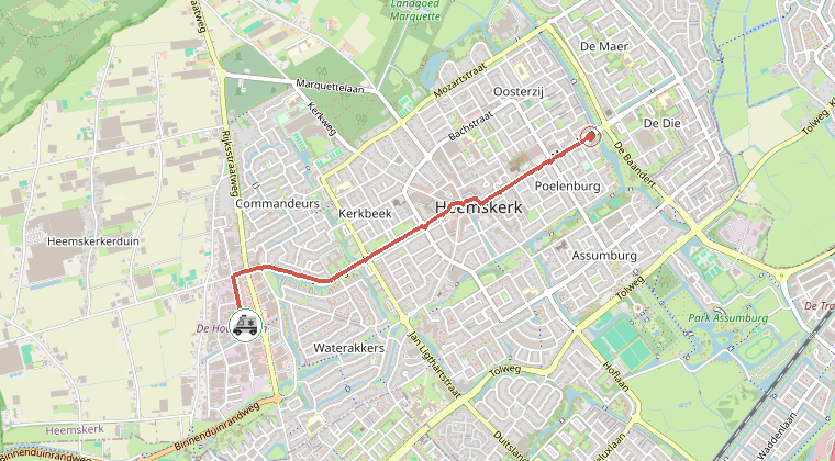 Kaart van de omgeving van de melding, met de kazerne die is gealarmeerd