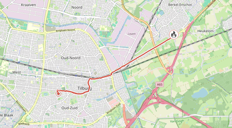 Kaart van de omgeving van de melding, met de kazerne die is gealarmeerd