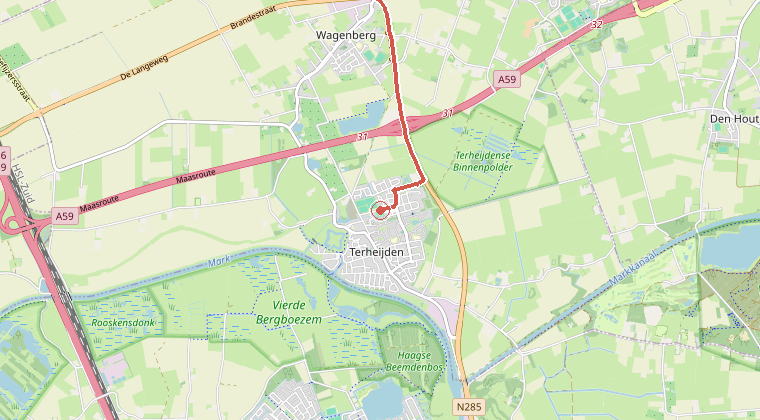 Kaart van de omgeving van de melding, met de kazerne die is gealarmeerd
