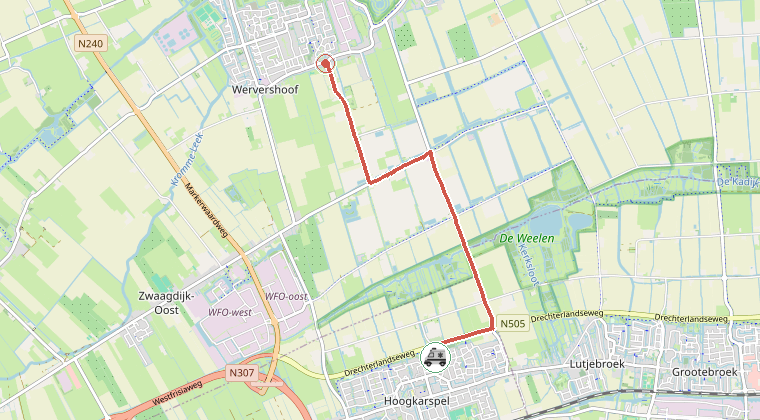 Kaart van de omgeving van de melding, met de kazerne die is gealarmeerd