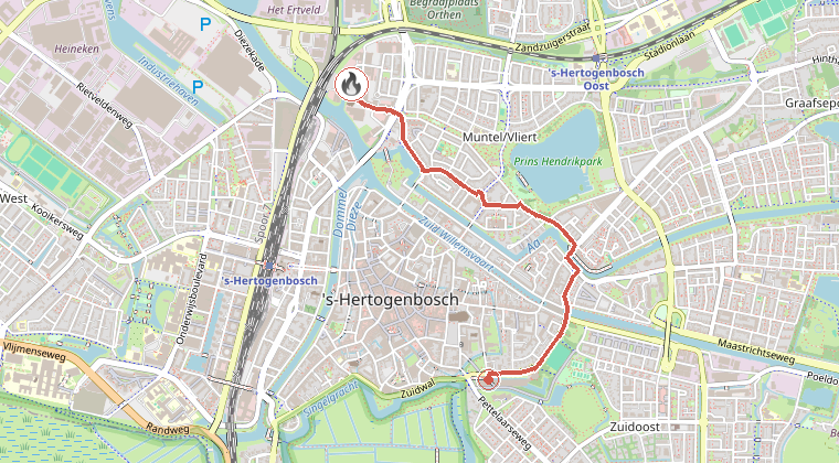 Kaart van de omgeving van de melding, met de kazerne die is gealarmeerd