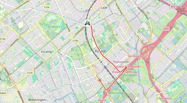 Kaart van de omgeving van de melding, met de kazerne die is gealarmeerd