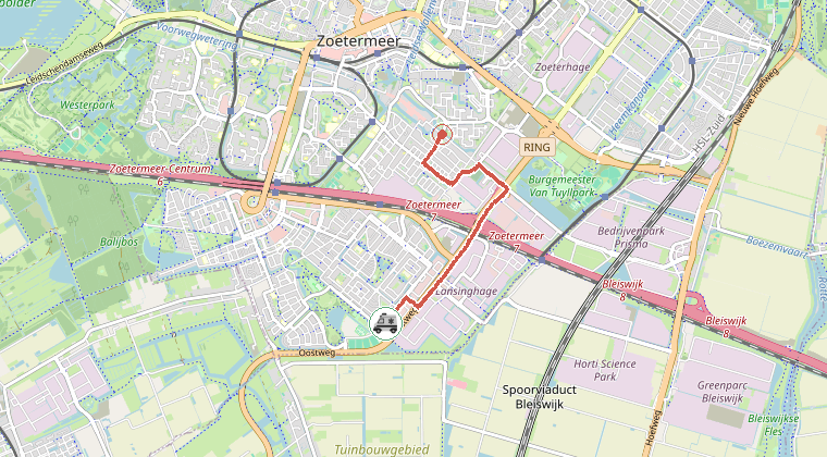 Kaart van de omgeving van de melding, met de kazerne die is gealarmeerd