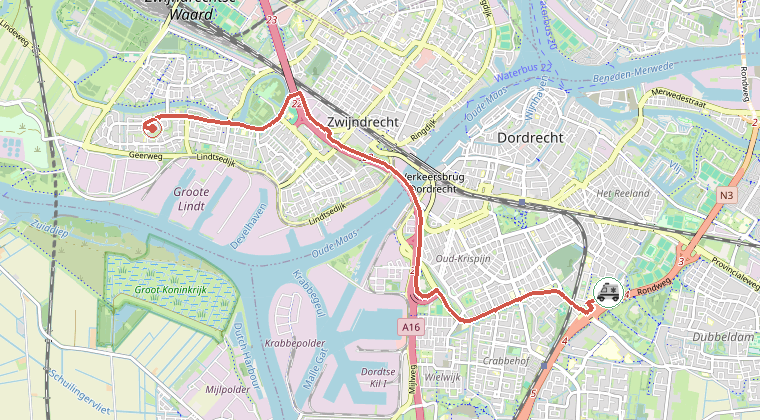 Kaart van de omgeving van de melding, met de kazerne die is gealarmeerd