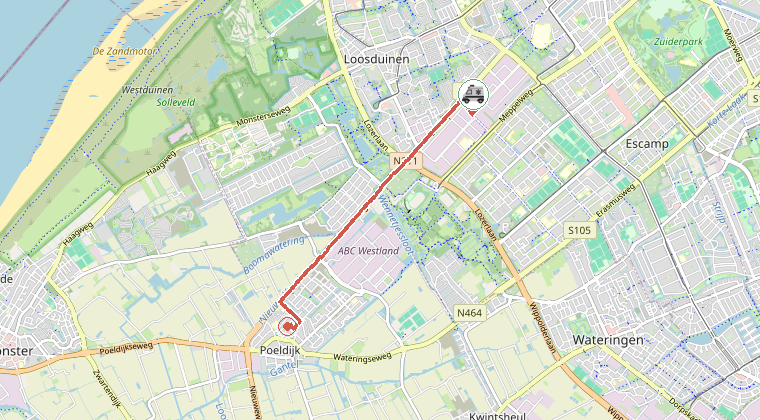 Kaart van de omgeving van de melding, met de kazerne die is gealarmeerd