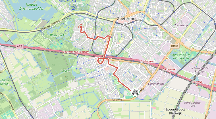 Kaart van de omgeving van de melding, met de kazerne die is gealarmeerd