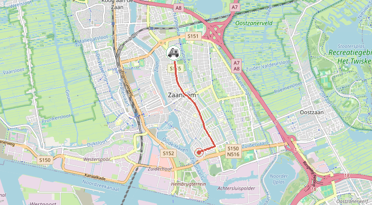 Kaart van de omgeving van de melding, met de kazerne die is gealarmeerd