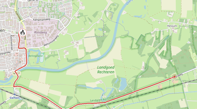 Kaart van de omgeving van de melding, met de kazerne die is gealarmeerd