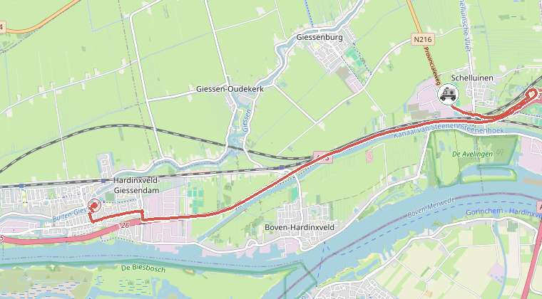 Kaart van de omgeving van de melding, met de kazerne die is gealarmeerd