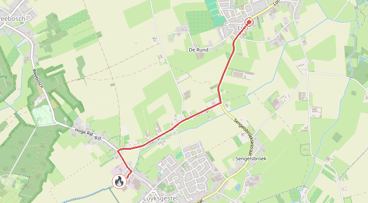 Kaart van de omgeving van de melding, met de kazerne die is gealarmeerd