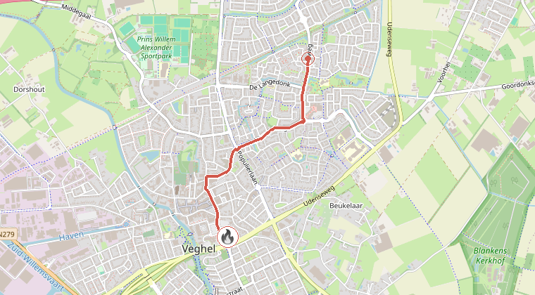Kaart van de omgeving van de melding, met de kazerne die is gealarmeerd