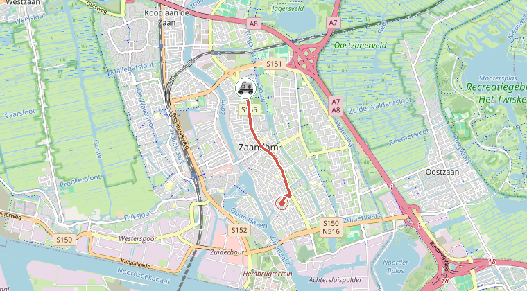 Kaart van de omgeving van de melding, met de kazerne die is gealarmeerd
