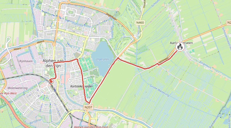 Kaart van de omgeving van de melding, met de kazerne die is gealarmeerd