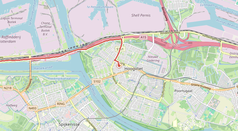 Kaart van de omgeving van de melding, met de kazerne die is gealarmeerd