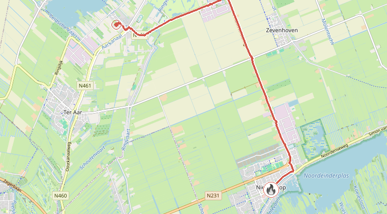 Kaart van de omgeving van de melding, met de kazerne die is gealarmeerd