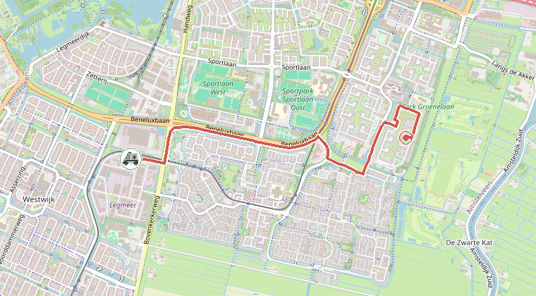 Kaart van de omgeving van de melding, met de kazerne die is gealarmeerd