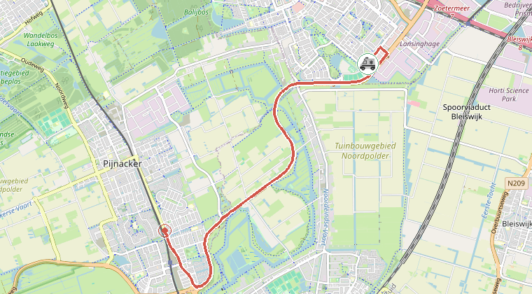 Kaart van de omgeving van de melding, met de kazerne die is gealarmeerd
