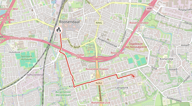 Kaart van de omgeving van de melding, met de kazerne die is gealarmeerd