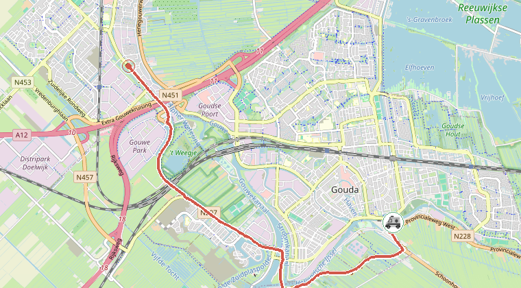 Kaart van de omgeving van de melding, met de kazerne die is gealarmeerd