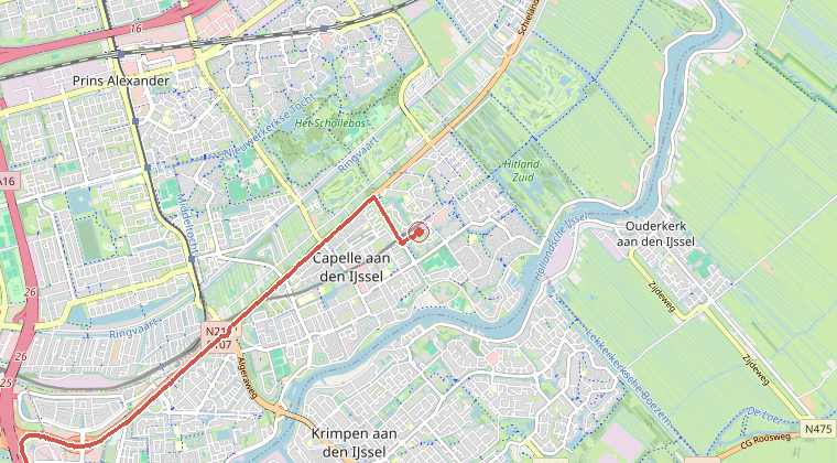 Kaart van de omgeving van de melding, met de kazerne die is gealarmeerd