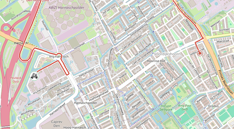 Kaart van de omgeving van de melding, met de kazerne die is gealarmeerd