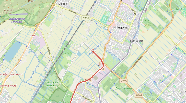 Kaart van de omgeving van de melding, met de kazerne die is gealarmeerd