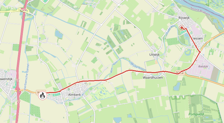 Kaart van de omgeving van de melding, met de kazerne die is gealarmeerd