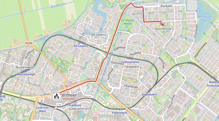 Kaart van de omgeving van de melding, met de kazerne die is gealarmeerd