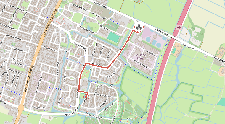 Kaart van de omgeving van de melding, met de kazerne die is gealarmeerd