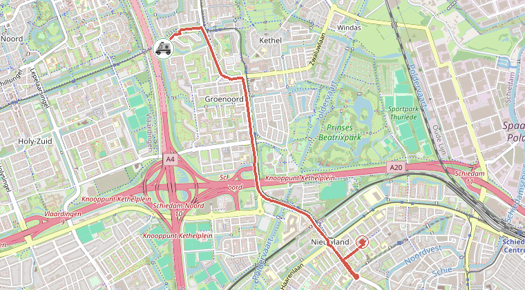Kaart van de omgeving van de melding, met de kazerne die is gealarmeerd
