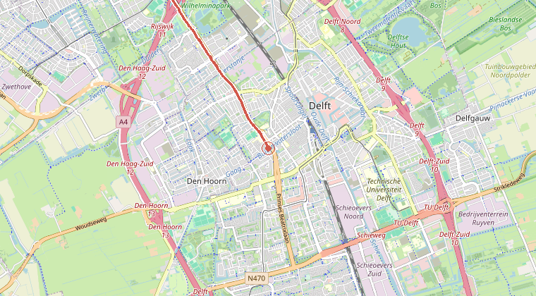 Kaart van de omgeving van de melding, met de kazerne die is gealarmeerd