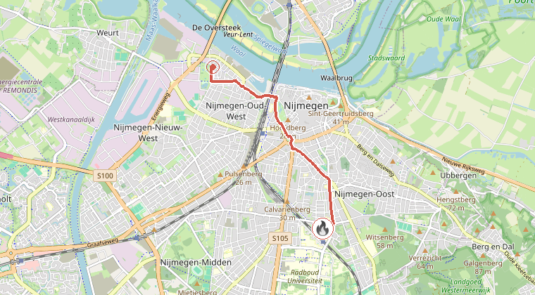 Kaart van de omgeving van de melding, met de kazerne die is gealarmeerd