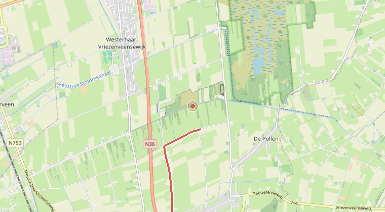 Kaart van de omgeving van de melding, met de kazerne die is gealarmeerd