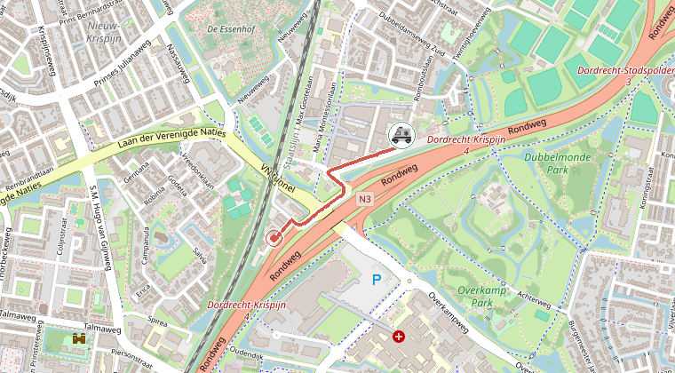 Kaart van de omgeving van de melding, met de kazerne die is gealarmeerd