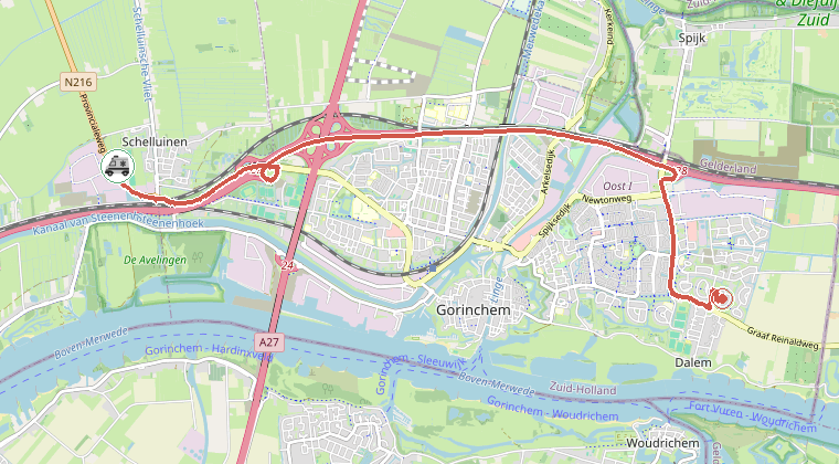 Kaart van de omgeving van de melding, met de kazerne die is gealarmeerd
