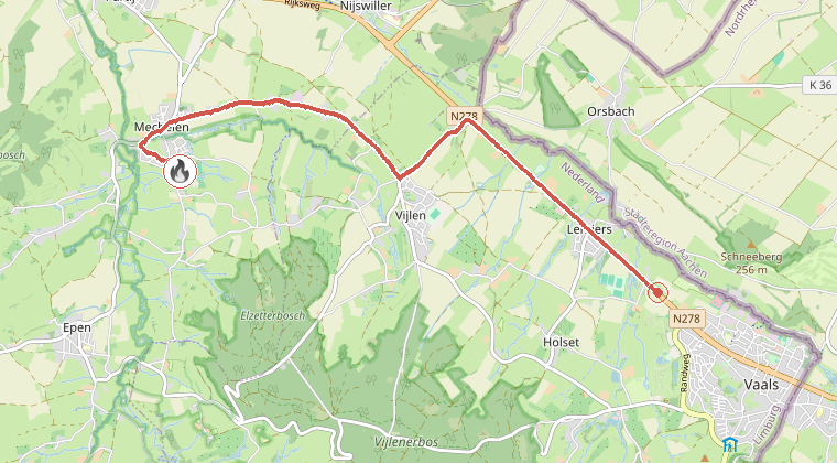 Kaart van de omgeving van de melding, met de kazerne die is gealarmeerd