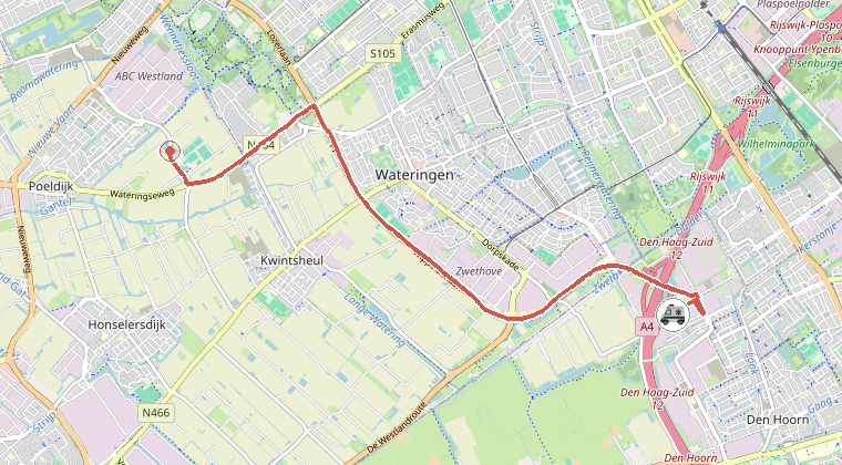 Kaart van de omgeving van de melding, met de kazerne die is gealarmeerd