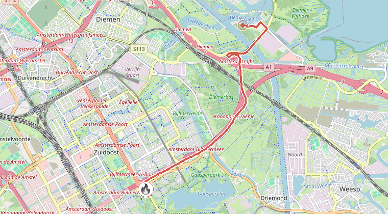 Kaart van de omgeving van de melding, met de kazerne die is gealarmeerd