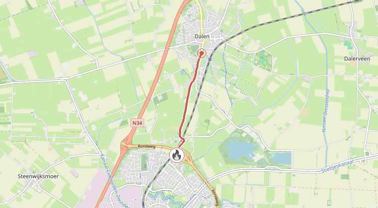 Kaart van de omgeving van de melding, met de kazerne die is gealarmeerd