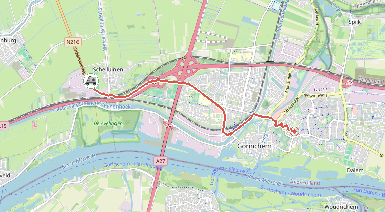 Kaart van de omgeving van de melding, met de kazerne die is gealarmeerd