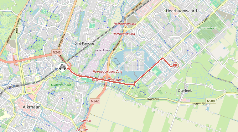 Kaart van de omgeving van de melding, met de kazerne die is gealarmeerd