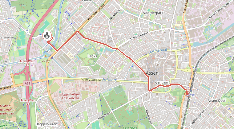 Kaart van de omgeving van de melding, met de kazerne die is gealarmeerd