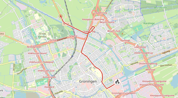 Kaart van de omgeving van de melding, met de kazerne die is gealarmeerd