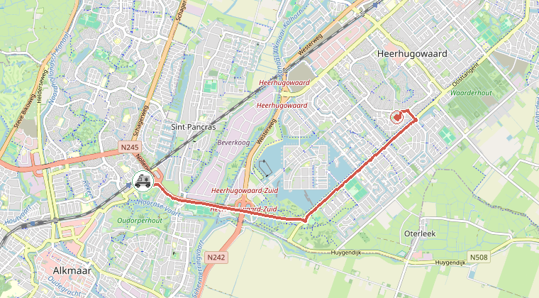 Kaart van de omgeving van de melding, met de kazerne die is gealarmeerd