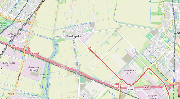 Kaart van de omgeving van de melding, met de kazerne die is gealarmeerd